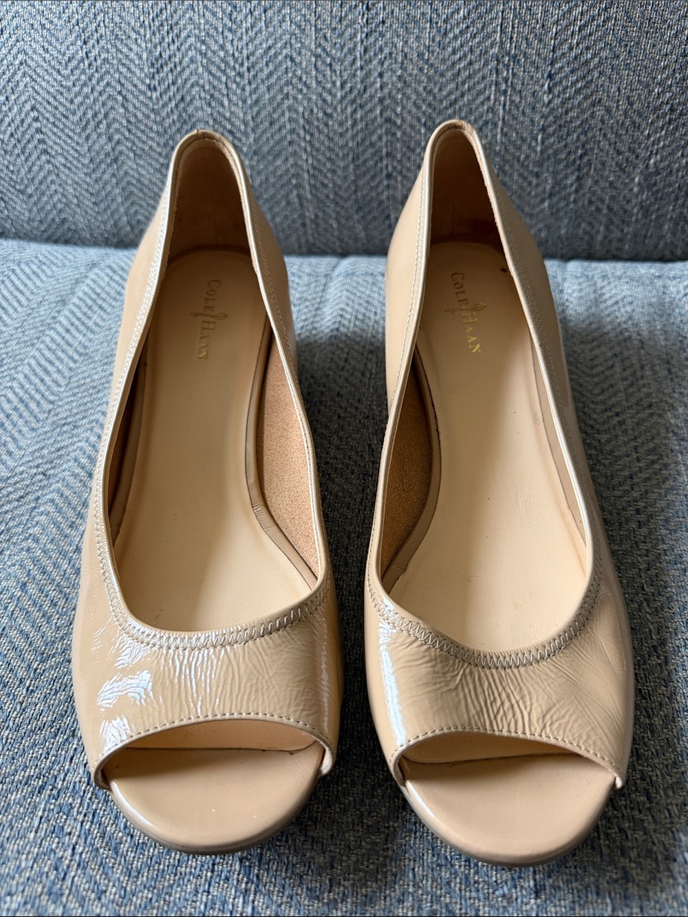 Cole Haan Nude Patent Leather Wedge Peep Toe Heels Size: 9B